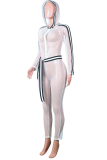 White Sexy Solid Mesh Hooded Collar Skinny Jumpsuits