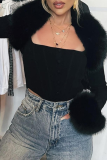 Black Fashion Solid Patchwork Cardigan Collar Tops