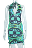 Green Casual Print Patchwork Halter Pencil Skirt Dresses