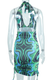 Green Casual Print Patchwork Halter Pencil Skirt Dresses