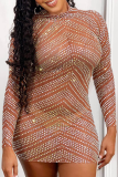 Gold Sexy Patchwork Hot Drill Half A Turtleneck Pencil Skirt Dresses