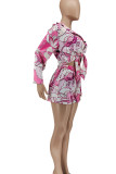 Pink Fashion Sexy Print Patchwork Turndown Collar Long Sleeve Three Pieces