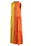 Orange Yellow Fashion Casual Solid Patchwork Contrast Mandarin Collar Sleeveless Dress