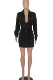 White Sexy Solid Patchwork Buckle Fold U Neck Dresses