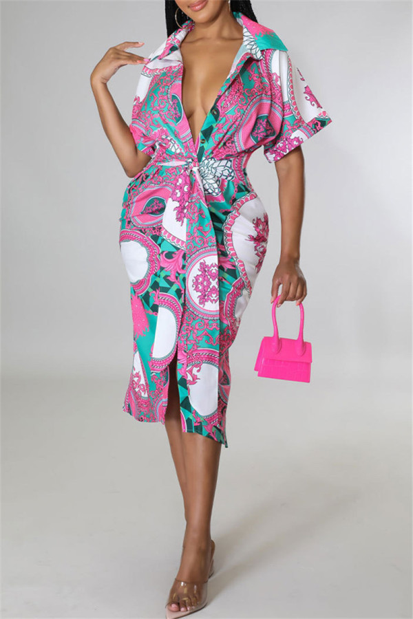 Rose Red Fashion Casual Print Patchwork Turndown Collar Shirt Dress