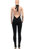 Orange Sexy Solid Patchwork Backless Halter Skinny Jumpsuits