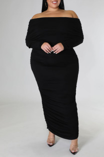 Black Sexy Solid Patchwork Fold Off the Shoulder Pencil Skirt Plus Size Dresses