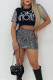 Black Fashion Patchwork Print Sequined Short Sleeve Two Pieces