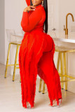 Red Casual Solid Tassel Patchwork O Neck Long Sleeve Two Pieces