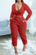 Red Casual Solid Patchwork V Neck Long Sleeve Two Pieces