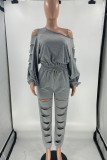 Grey Casual Street Solid Hollowed Out Patchwork O Neck Long Sleeve Two Pieces