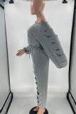 Grey Casual Street Solid Hollowed Out Patchwork O Neck Long Sleeve Two Pieces