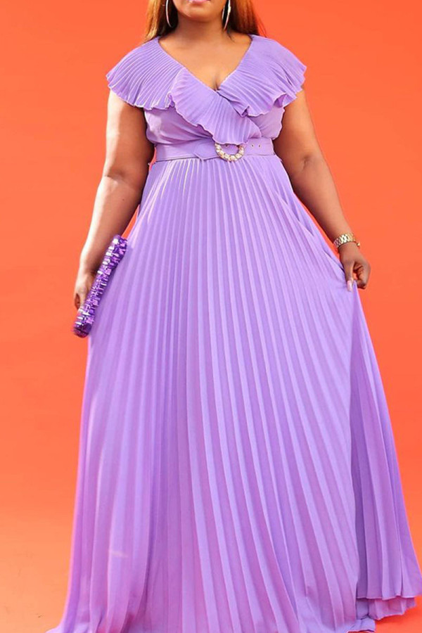 Purple Elegant Solid Patchwork Fold V Neck Straight Dresses(Contain The Belt)