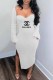 White Fashion Elegant Print Slit Letter Square Collar One Step Skirt Dresses