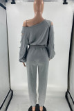 Grey Casual Street Solid Hollowed Out Patchwork O Neck Long Sleeve Two Pieces