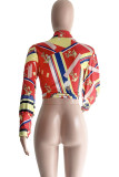 Red Sexy Print Patchwork Buckle Turndown Collar Tops