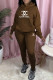 Coffee Fashion Casual Print Letter Hooded Collar Long Sleeve Two Pieces