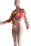 Red Sexy Print Patchwork Buckle Turndown Collar Tops