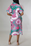Rose Red Fashion Casual Print Patchwork Turndown Collar Shirt Dress