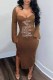 Dark Brown Fashion Sexy Print Slit Letter Square Collar One Step Skirt Dresses
