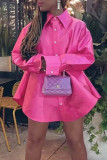 Rose Red Casual Solid Patchwork Buckle Turndown Collar Shirt Dress Dresses