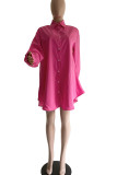 Rose Red Casual Solid Patchwork Buckle Turndown Collar Shirt Dress Dresses