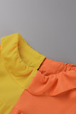 Orange Yellow Fashion Casual Solid Patchwork Contrast Mandarin Collar Sleeveless Dress