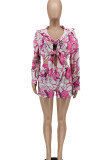 Pink Fashion Sexy Print Patchwork Turndown Collar Long Sleeve Three Pieces