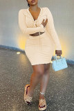 Orange Sexy Casual Solid Bandage V Neck Long Sleeve Two Pieces