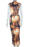 Brown Sexy Print Patchwork Half A Turtleneck Sleeveless Two Pieces