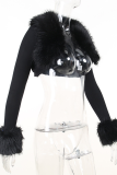 Black Fashion Solid Patchwork Cardigan Collar Tops
