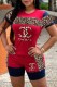 Red Fashion Casual Print Leopard Patchwork Letter O Neck Short Sleeve Two Pieces