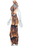 Brown Sexy Print Patchwork Half A Turtleneck Sleeveless Two Pieces