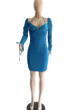 Peacock Blue Sexy Solid Bandage Hollowed Out Patchwork Asymmetrical Collar Pencil Skirt Dresses
