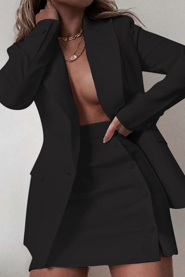 Black Casual Solid Patchwork Turn-back Collar Long Sleeve Two Pieces