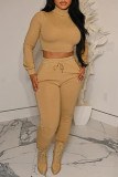 Khaki Casual Solid Patchwork Turtleneck Long Sleeve Two Pieces
