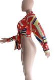 Red Sexy Print Patchwork Buckle Turndown Collar Tops