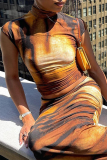Brown Sexy Print Patchwork Half A Turtleneck Sleeveless Two Pieces