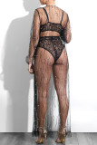 Black Sexy Solid Patchwork See-through Beading Swimwears Cover Up