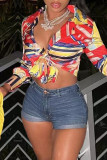 Red Sexy Print Patchwork Buckle Turndown Collar Tops