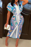 Pink Fashion Casual Print Patchwork Turndown Collar Shirt Dress
