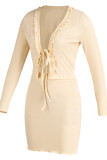 Orange Sexy Casual Solid Bandage V Neck Long Sleeve Two Pieces