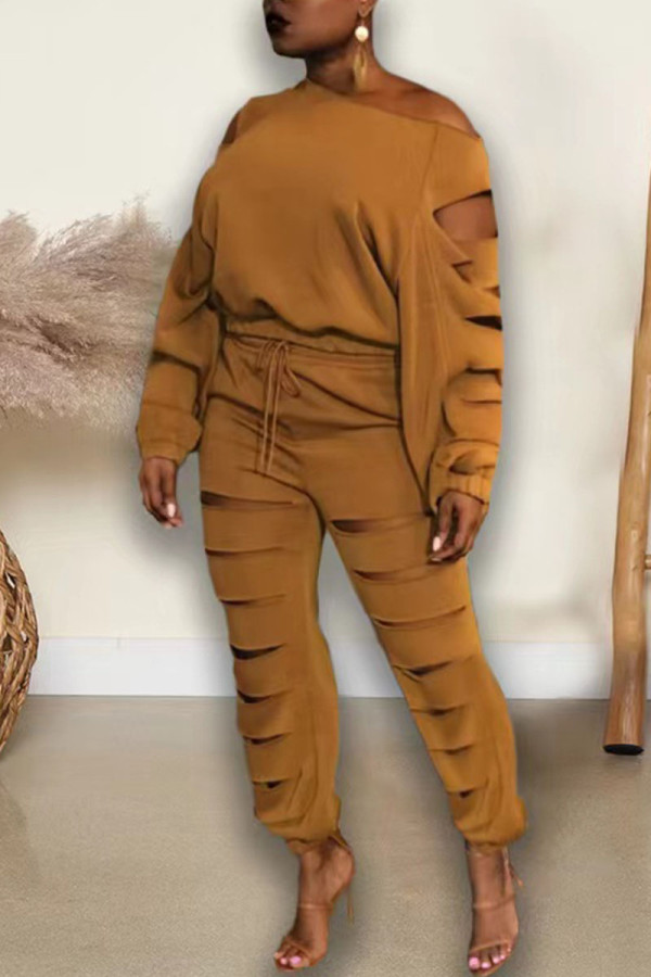 Brown Casual Street Solid Hollowed Out Patchwork O Neck Long Sleeve Two Pieces