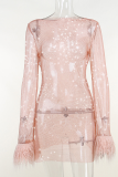 Pink Sexy Patchwork Solid See-through Feathers O Neck Pencil Skirt Dresses
