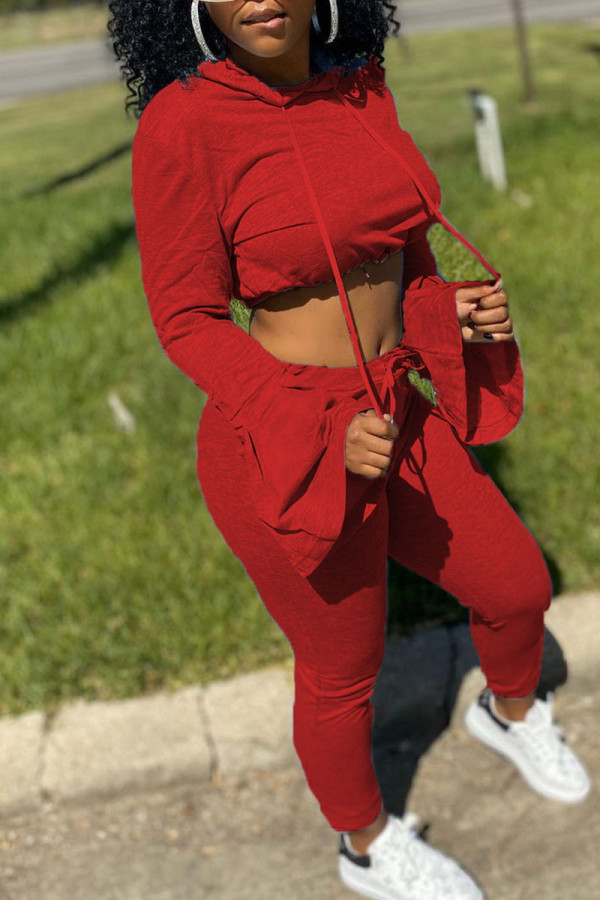 Red Sexy Solid Patchwork Hooded Collar Long Sleeve Two Pieces