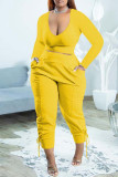 Yellow Casual Solid Bandage Patchwork V Neck Long Sleeve Two Pieces