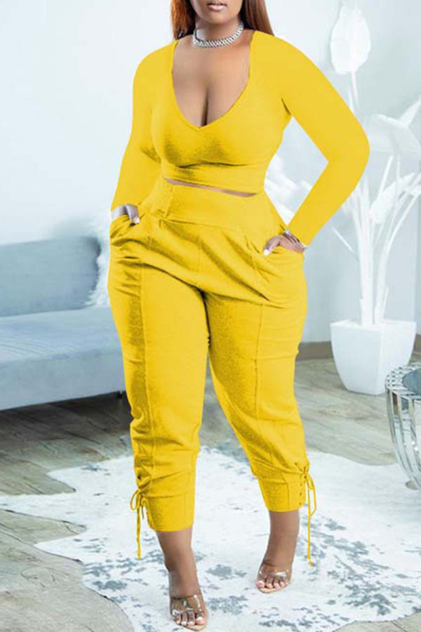 Yellow Casual Solid Bandage Patchwork V Neck Long Sleeve Two Pieces