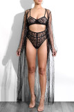 Black Sexy Solid Patchwork See-through Beading Swimwears Cover Up