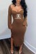 Dark Brown Fashion Elegant Print Slit Letter Square Collar One Step Skirt Dresses