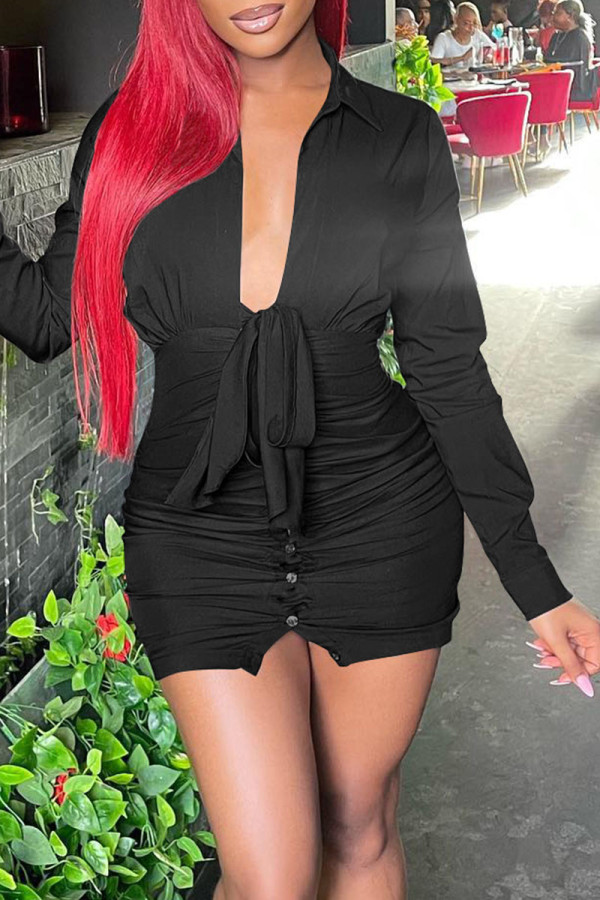 Black Sexy Solid Patchwork Buckle Fold U Neck Dresses